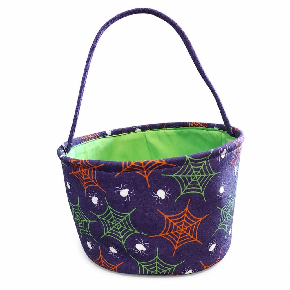 Multicolor Canvas Halloween Trick or Treat Bucket Basket Tote Bag Spider Web NEW